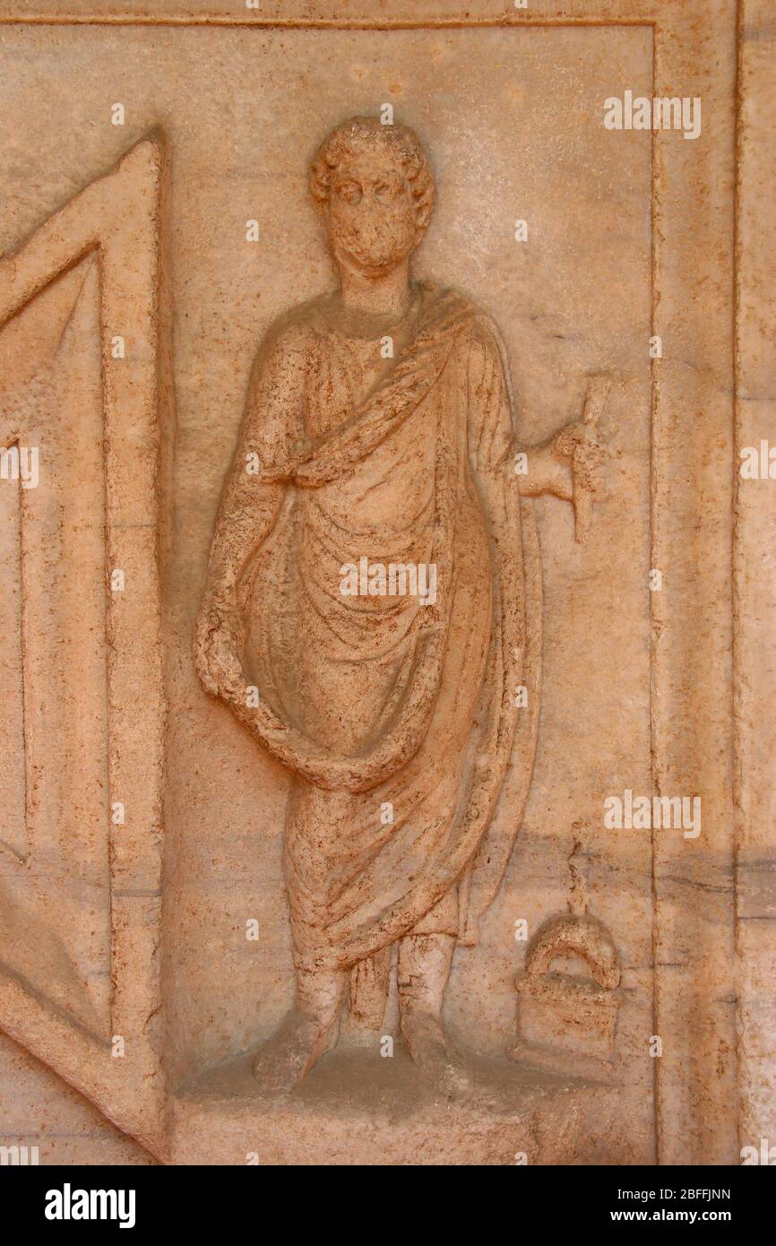 Sarcophagus of Olia Tertula (15 years ago). 2nd century. Roman era. Man. Detail. Ravenna, Italy. Stock Photo