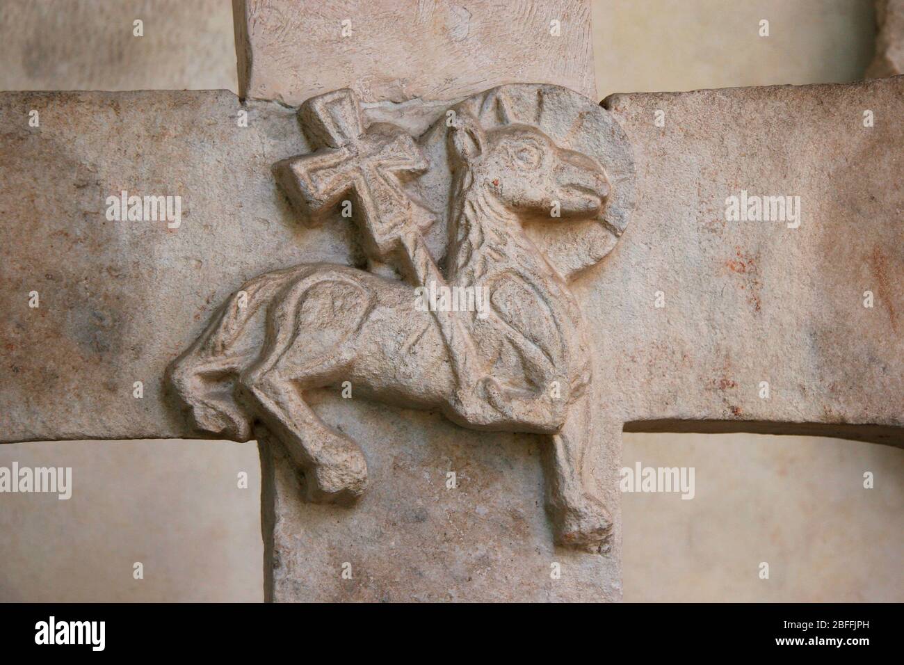 Relief of 'Agnus Dei'. Lamb of God. Medieval representation. National Museum of Ravenna. Italy. Stock Photo