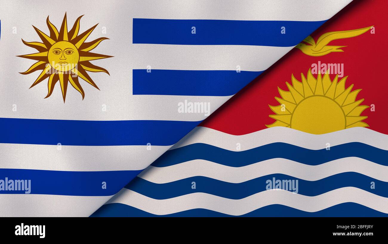 Two states flags of Uruguay and Kiribati. High quality business background. 3d illustration Stock Photo