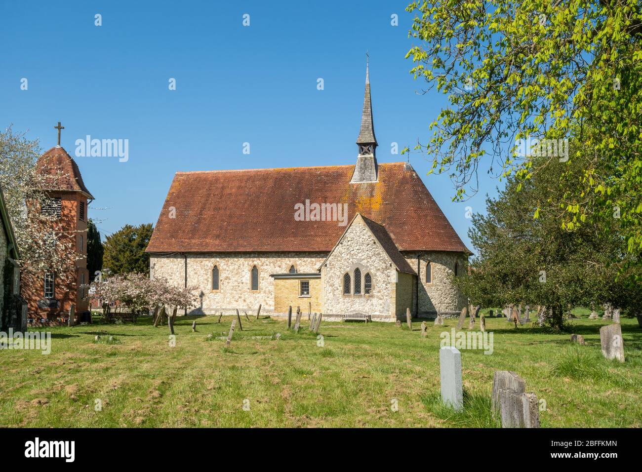 St. Paul's Church in the Surrey village of Tongham, UK, the only church in the county with a separate belfrey Stock Photo