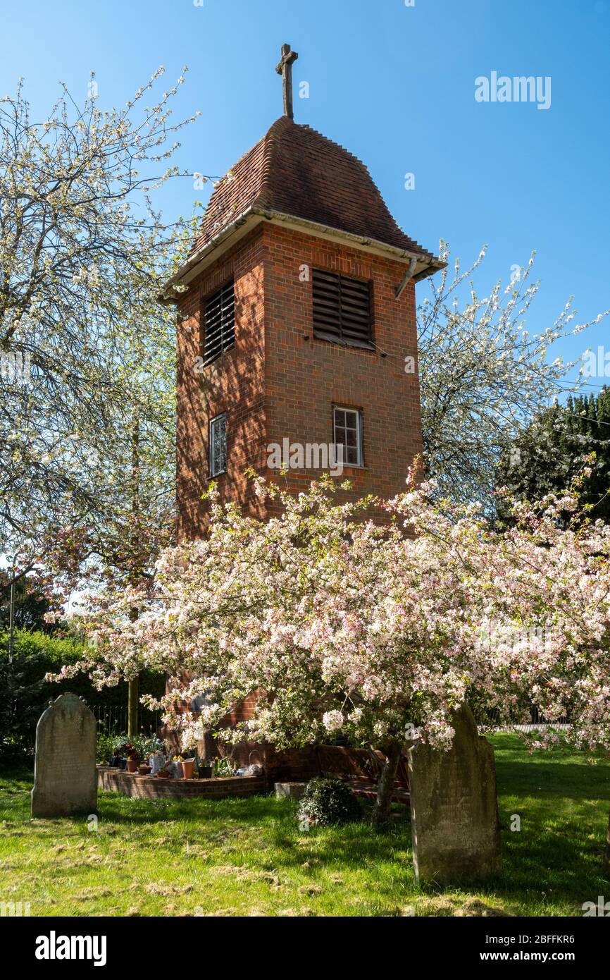 St. Paul's Church in the Surrey village of Tongham, UK, the only church in the county with a separate belfrey Stock Photo