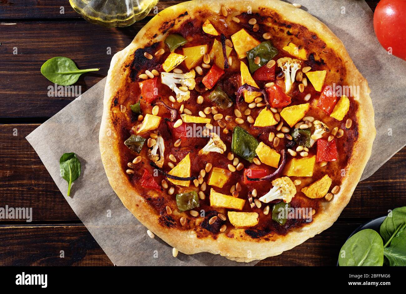 Top view of vegan vegetable pizza Stock Photo