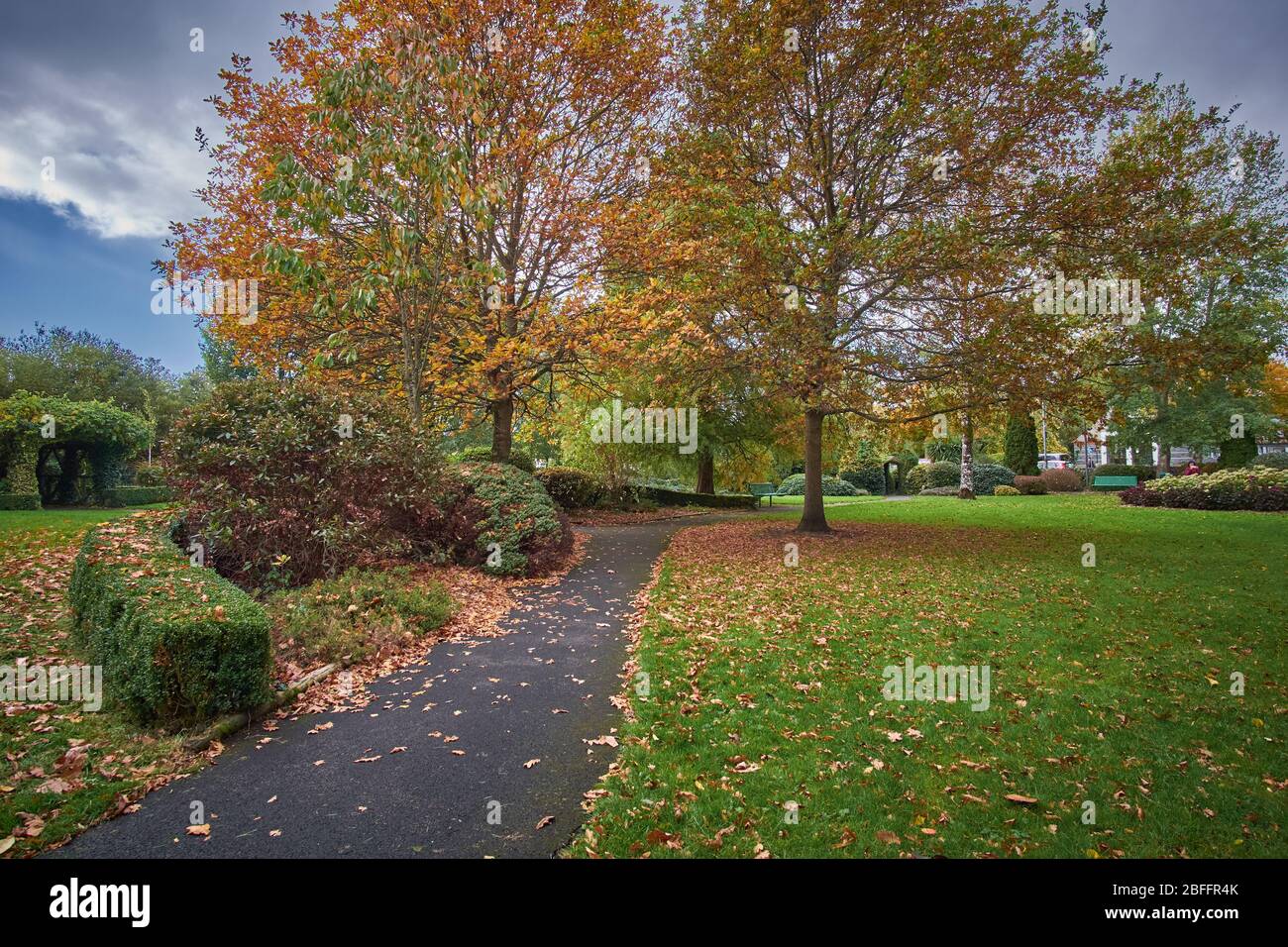 Peaceful view of the City park in Adare, County Limerick, Republic of Ireland on a autumn fall day in October. Stock Photo