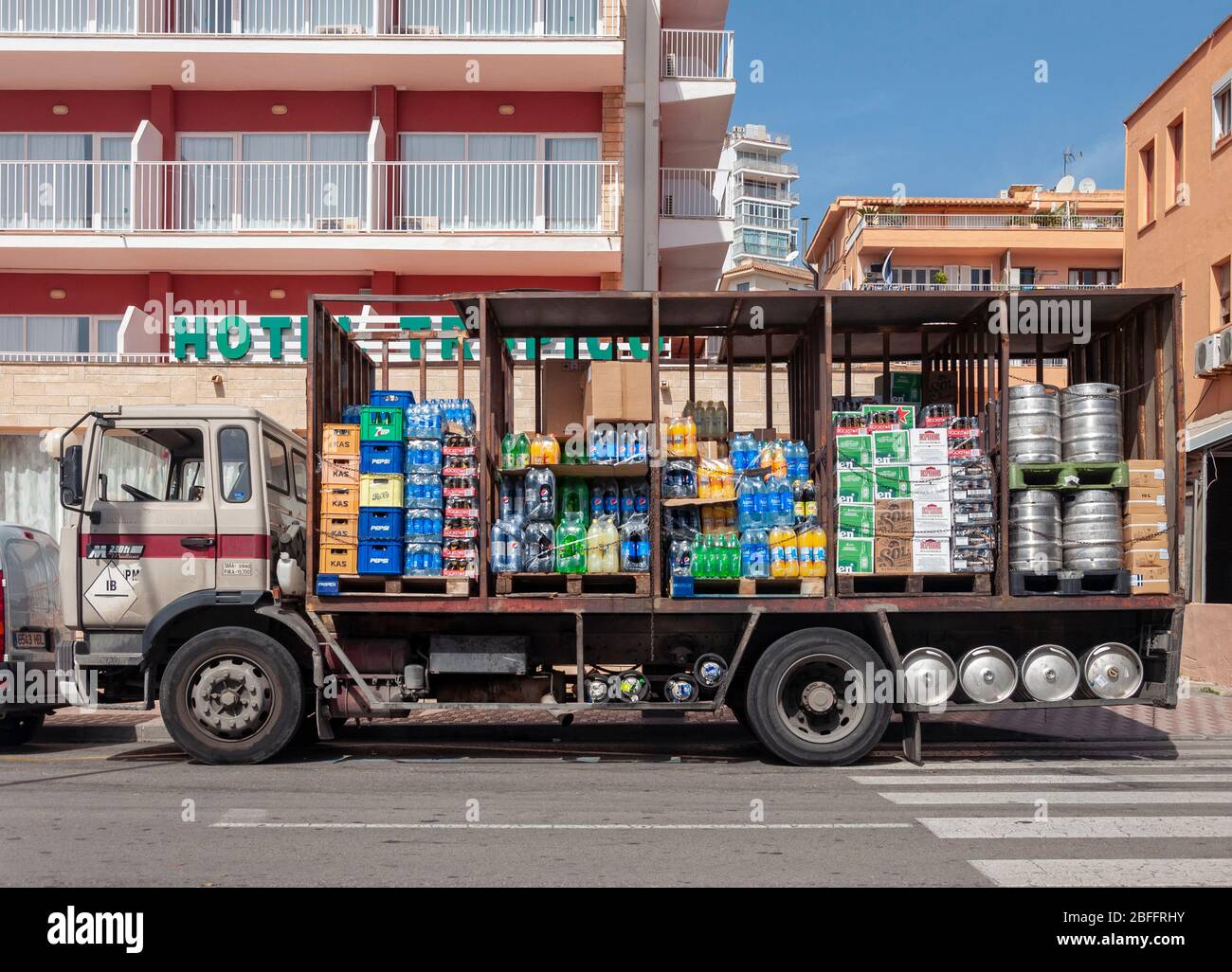 Palma Nova, Balearic Islands/ Spain; 04/15/2015: an alcoholic and non-alcoholic beverage delivery truck, parked on the street Stock Photo