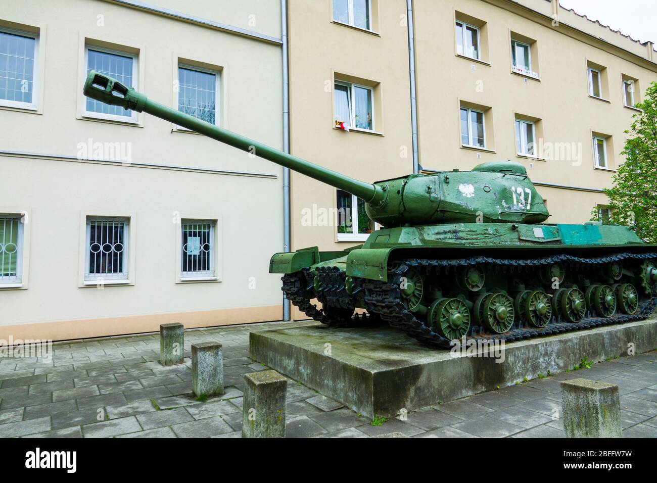 Nowa Huta Communist Neighborhood army tank display Stalin Post World War II Krakow Poland Europe EU Stock Photo