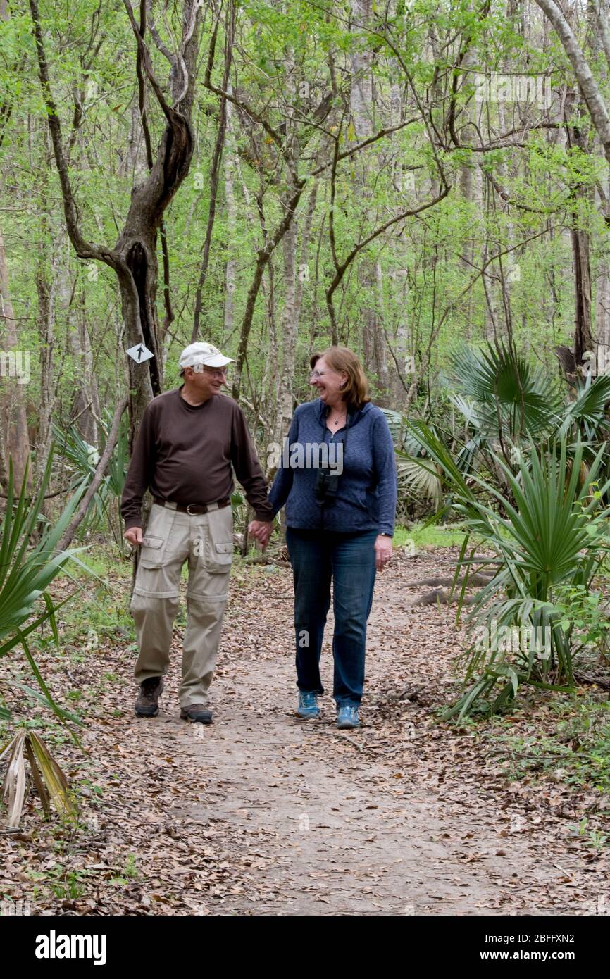An active retired senior couple walking a trail in a forest with trees ...