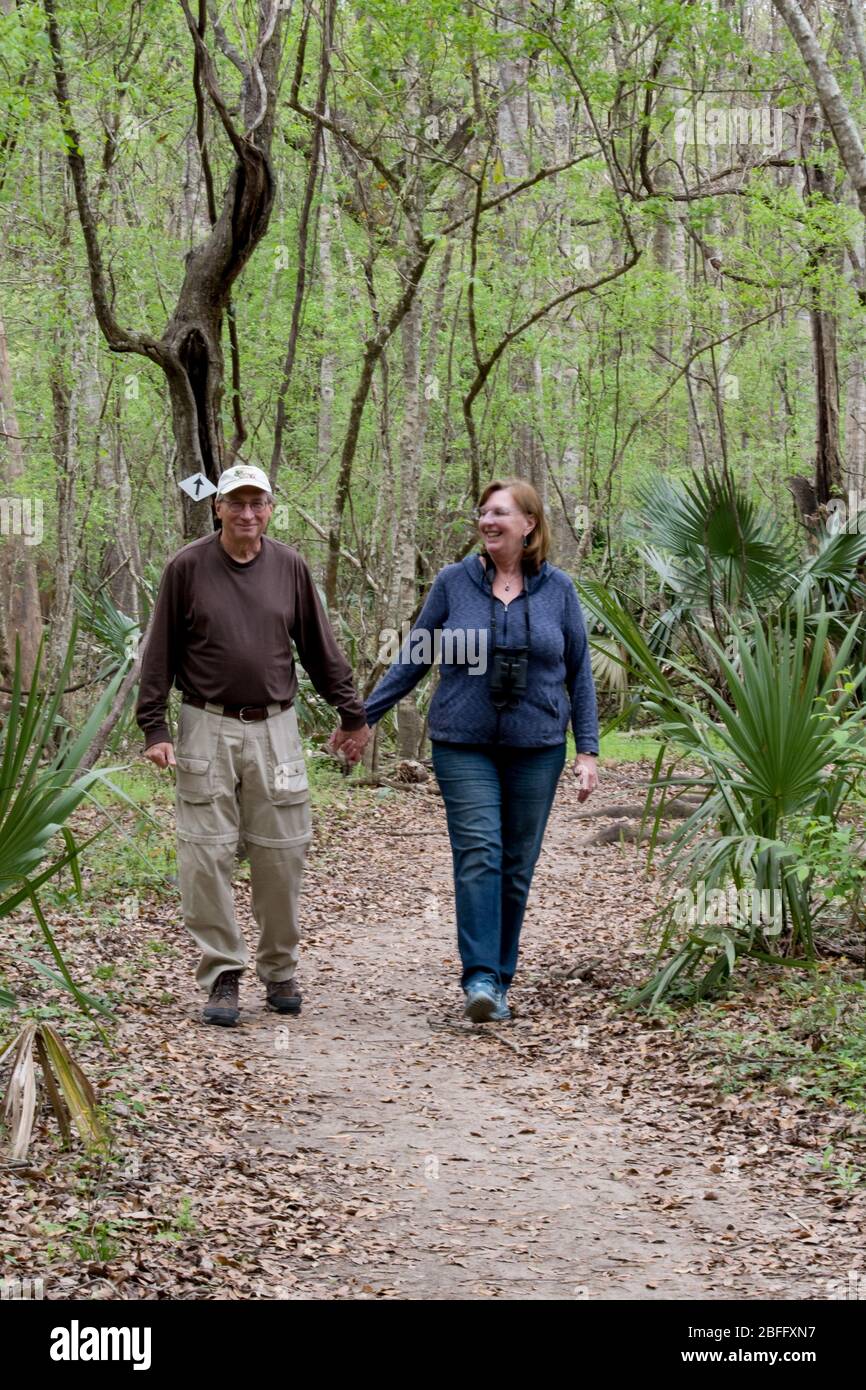 An active retired senior couple walking a trail in a forest with trees ...
