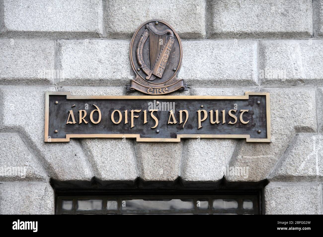 Gaelic script on the sign at Dublin General Post Office in Ireland Stock Photo