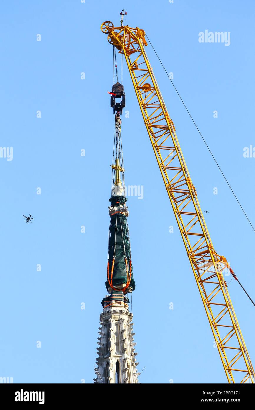 Zagreb, Croatia - April 17, 2020 : Workers are preparing to separate top of the Zagreb Cathedral tower that was damaged by the earthquake witch hit Za Stock Photo