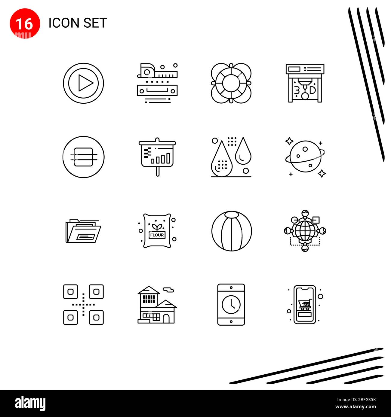 User Interface Pack of 16 Basic Outlines of diet, print, tapeline, printing, outline Editable Vector Design Elements Stock Vector