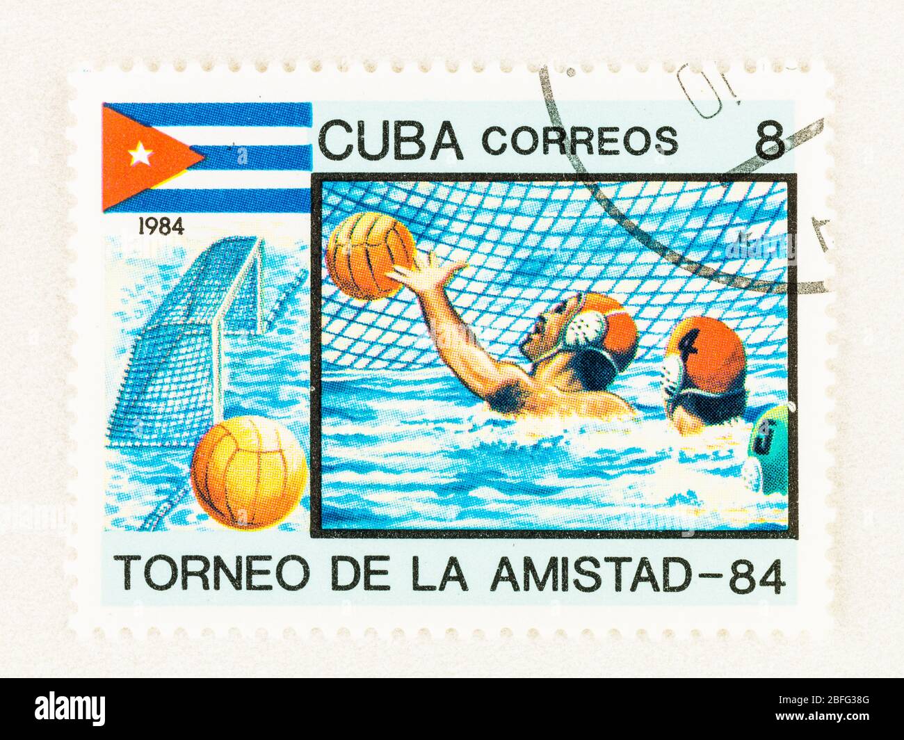 SEATTLE WASHINGTON - April 16, 2020: Close up of Cuban  stamp featuring men playing water polo. Scott # 2727 Stock Photo