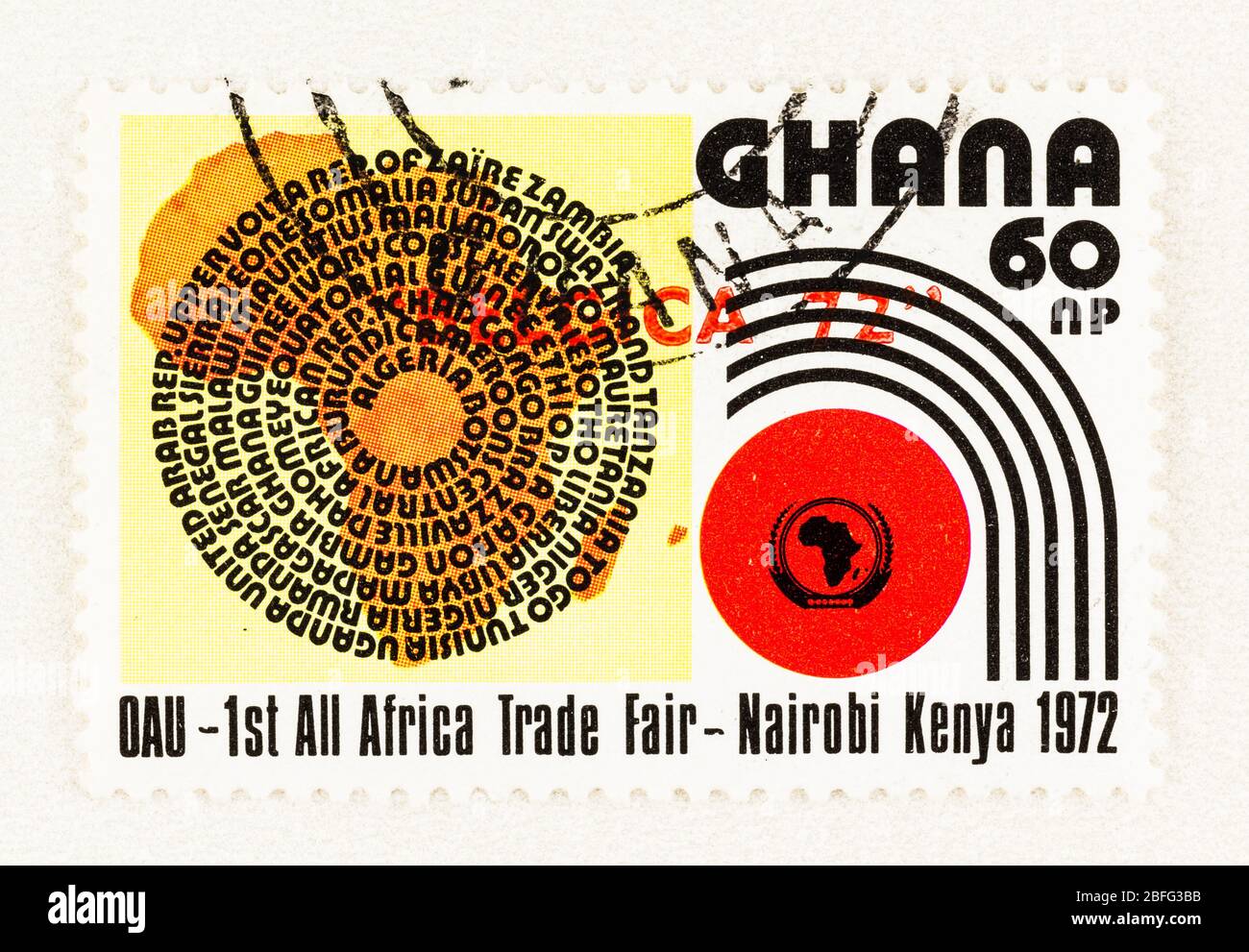SEATTLE WASHINGTON - April 17, 2020: Ghana stamp ,overprint with Belgica 72,  commemorating the 1972 All African Trade Fair in Kenya. Stock Photo