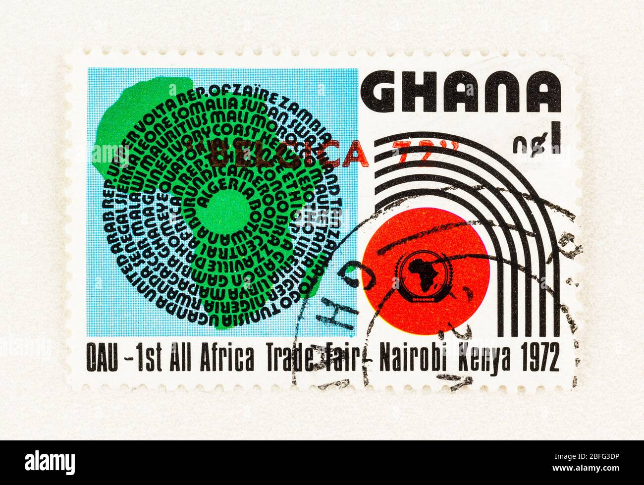 SEATTLE WASHINGTON - April 17, 2020: Ghana stamp ,overprint with Belgica 72,  commemorating the All African Trade Fair in Kenya. Stock Photo