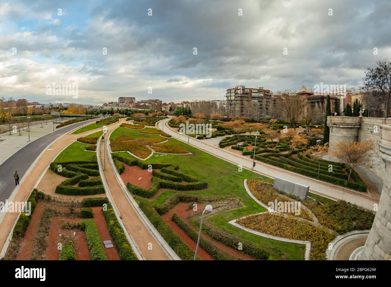 MADRID, SPAIN - DECEMBER 13, 2018: The Arganzuela bridge over Manzanares River downtown Madrid, Spain. It is a futuristic structure built in 2011. Stock Photo