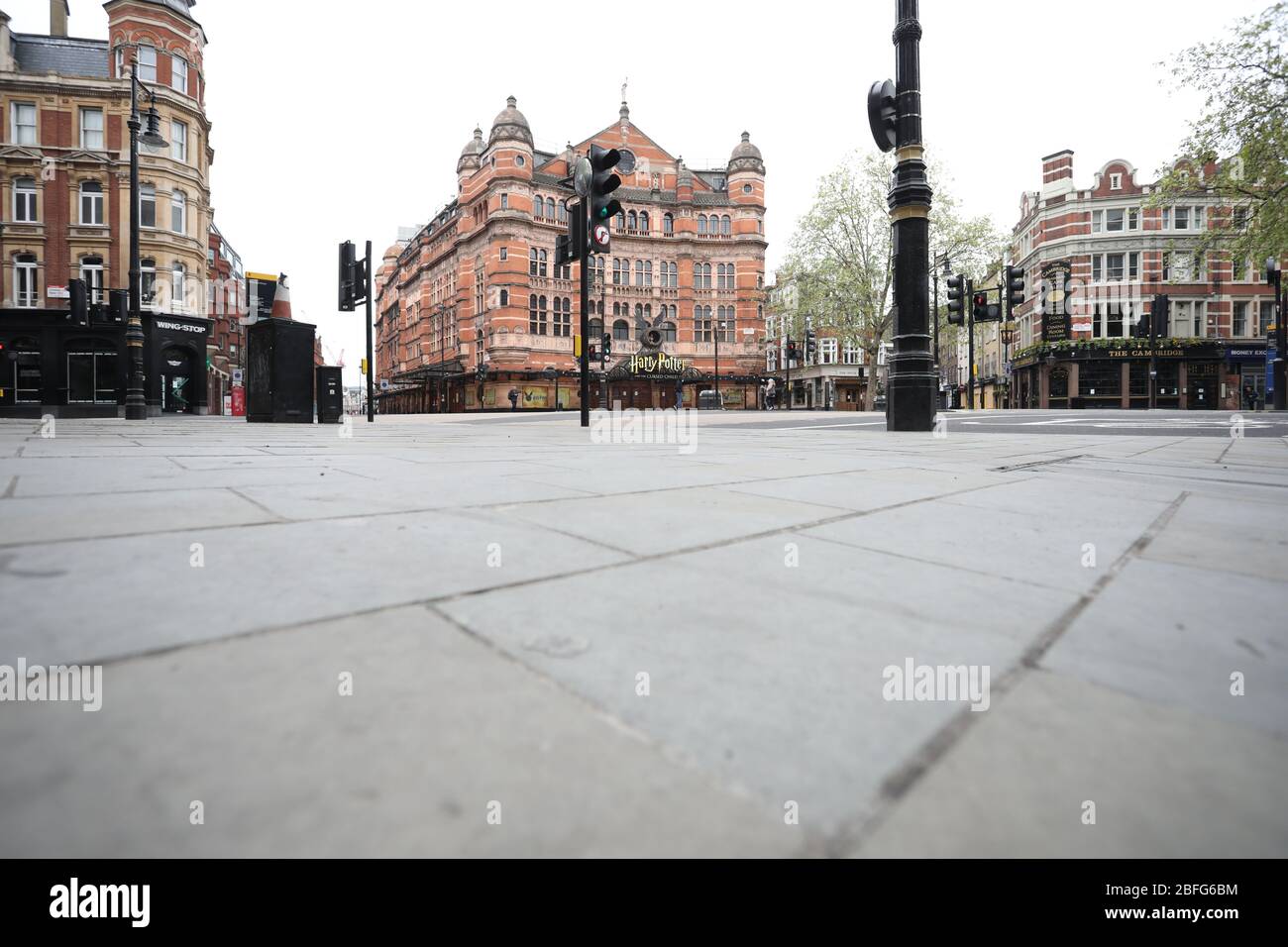 London, UK. 18th Apr, 2020. Day Twenty Six of Lockdown in London. The Palace Theatre, on Cambridge Circus, which should have been showing Harry Potter and The Cursed Child. The country is on lockdown due to the COVID-19 Coronavirus pandemic. People are not allowed to leave home except for minimal food shopping, medical treatment, exercise - once a day, and essential work. COVID-19 Coronavirus lockdown, London, UK, on April 18, 2020 Credit: Paul Marriott/Alamy Live News Stock Photo