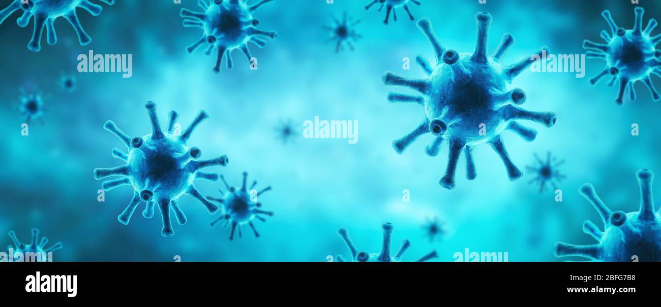 Coronavirus or flu virus banner, 3d illustration, microscopic view of pathogen SARS-CoV-2 corona virus in cell on blue background. Concept of science, Stock Photo