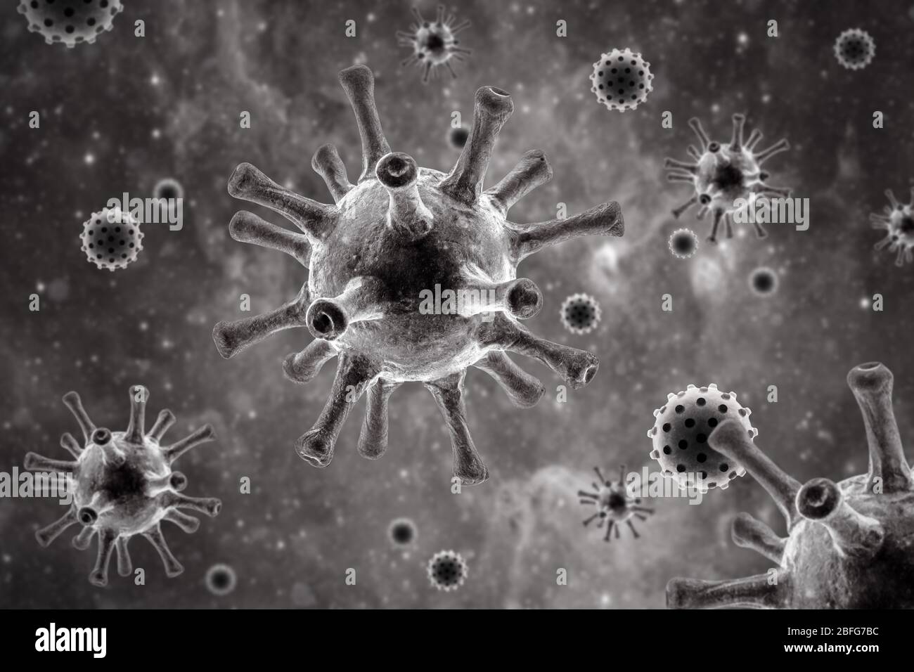 COVID-19 coronavirus or flu virus background, 3d illustration, microscopic view of SARS-CoV-2 corona virus in cell. Concept of science virology, COVID Stock Photo