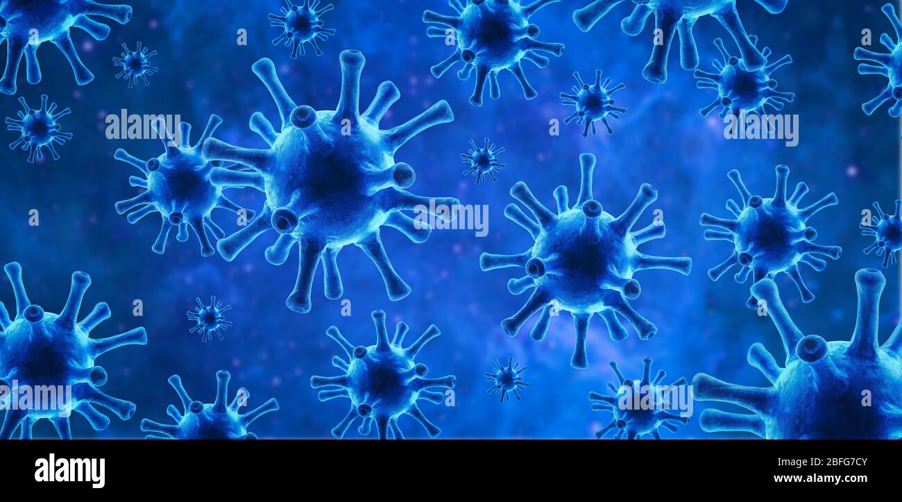 Coronavirus or flu virus blue background, 3d illustration, SARS-CoV-2 coronavirus pathogen germs under microscope in cell. Banner with corona virus ou Stock Photo