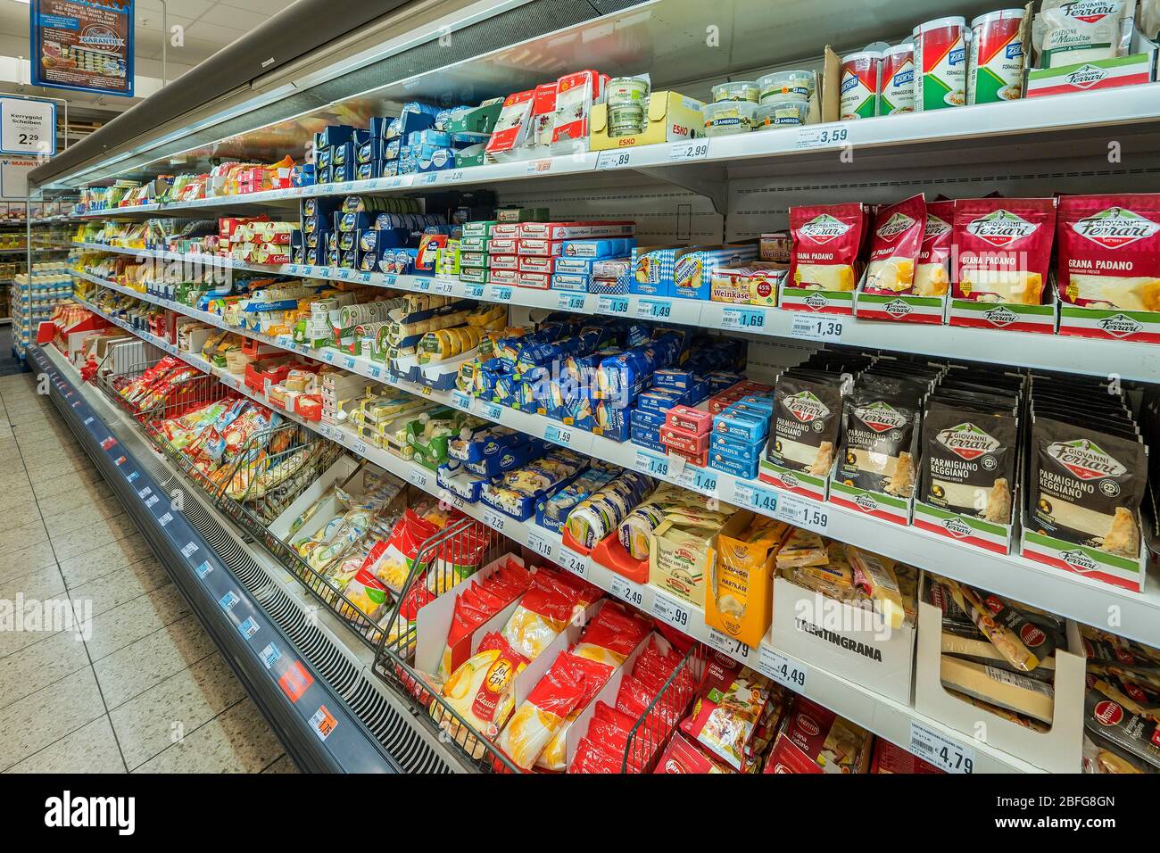 Shelf with cheeses, supermarket, Bavaria, Germany Stock Photo Alamy