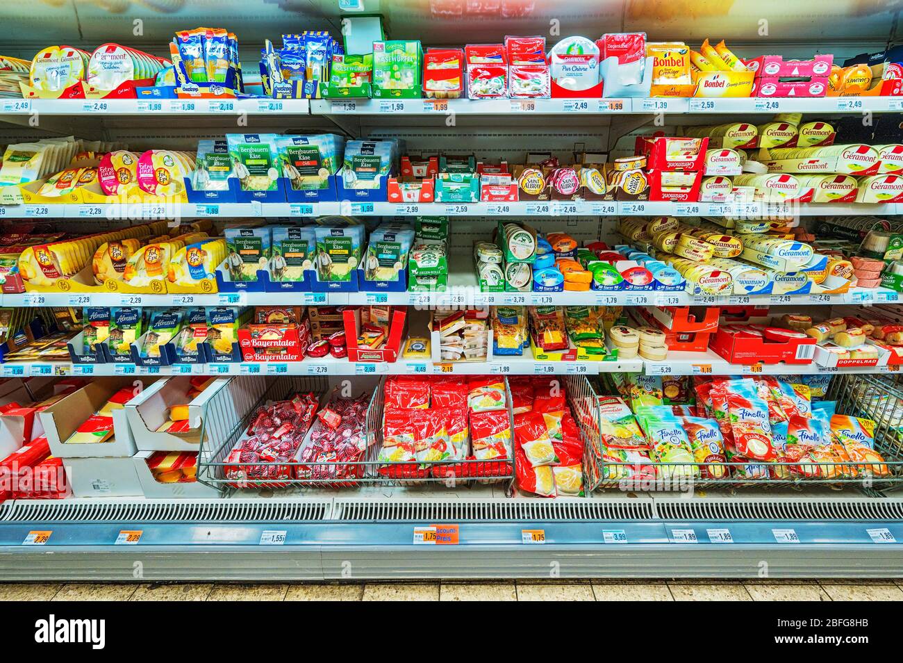Shelf with cheeses, supermarket, Bavaria, Germany Stock Photo