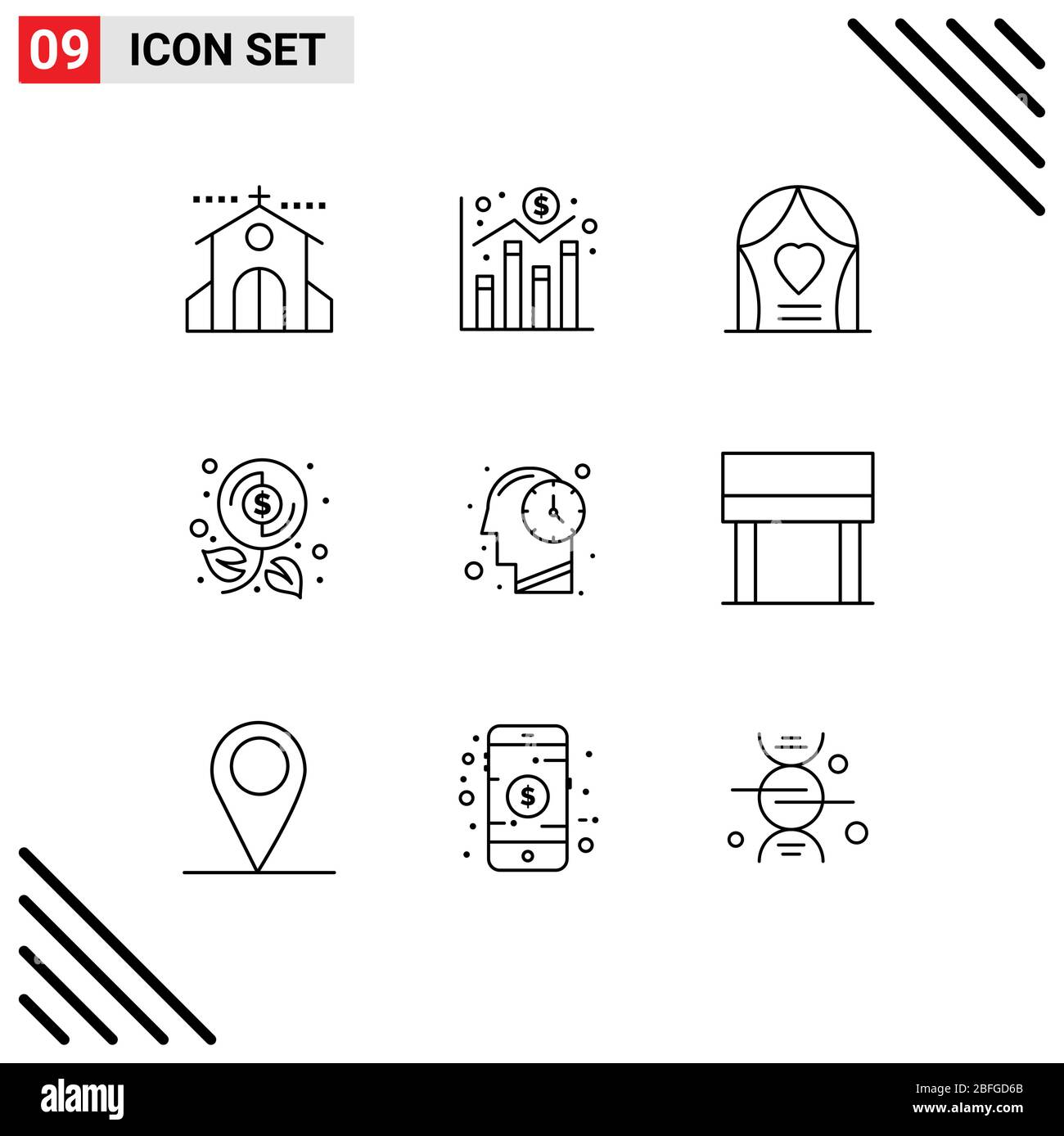 9 Outline concept for Websites Mobile and Apps human, money, economy, investment, wedding Editable Vector Design Elements Stock Vector