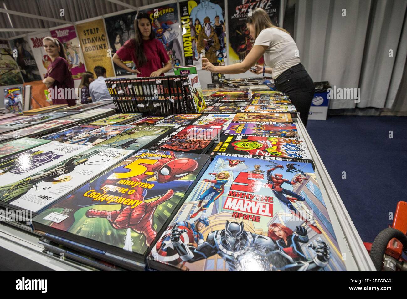 BELGRADE, SERBIA - OCTOBER 25, 2019: Covers of books of Marvel comics in rows on the shelves of a bookstorre, featuring most of the iconic superheros Stock Photo