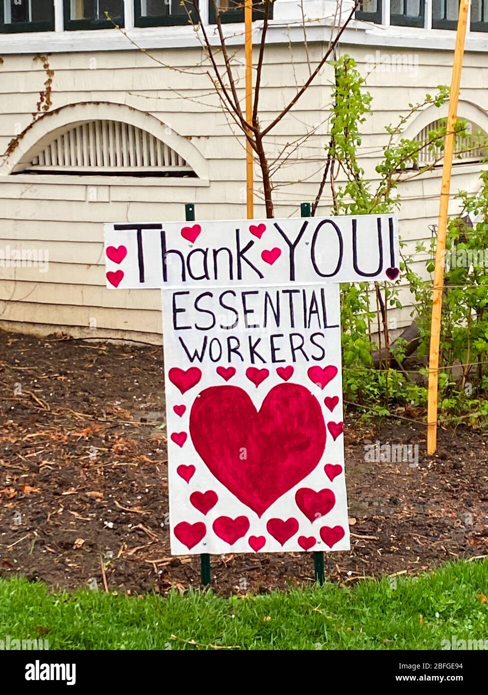 Local resident gives thanks to essential workers in Brooklyn for being there for the residents of the neighborhood. Stock Photo