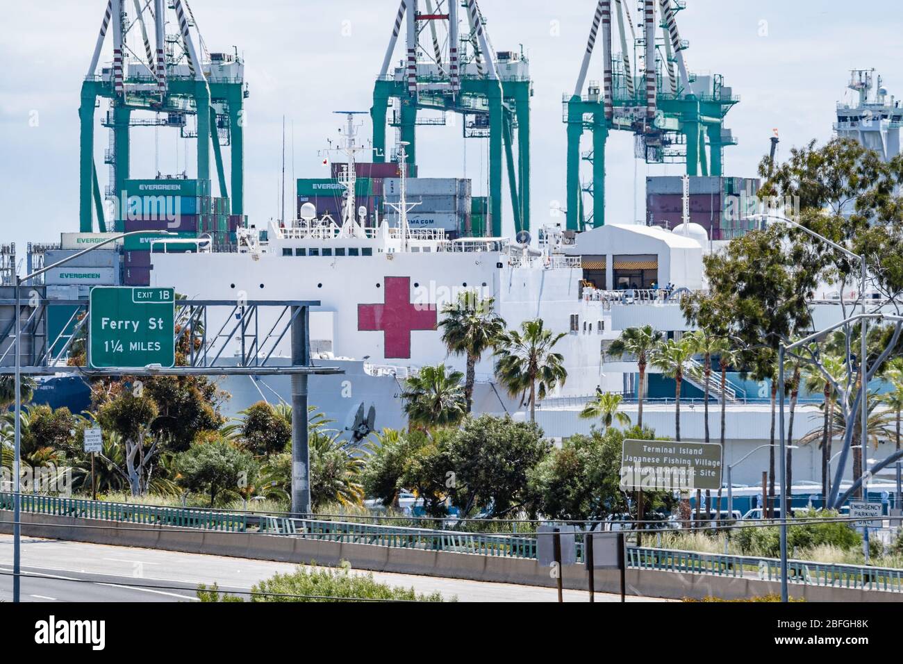 USNS Mercy navy hospital ship docked at Port of Los Angeles to help during Covid-19 crisis Stock Photo