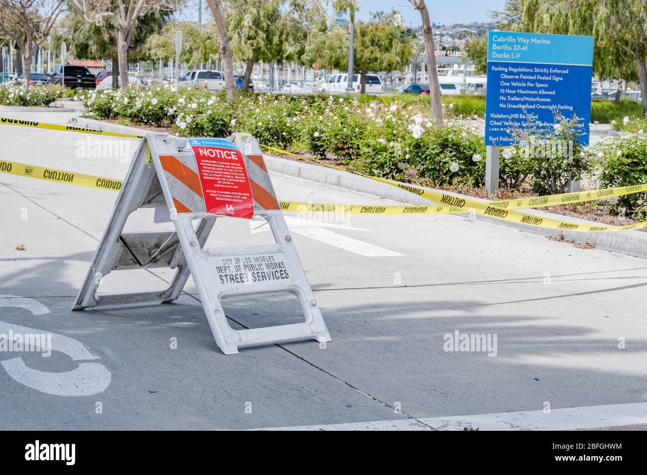 Marina and waterfront area in San Pedro, CA closed to visitors during Covid-19 crisis Stock Photo