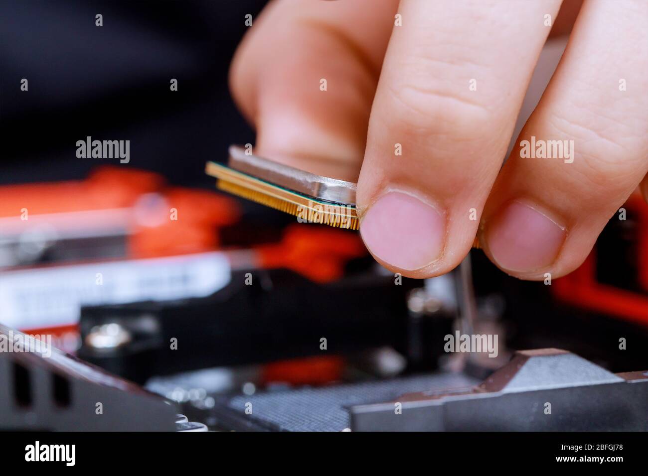 Technician installing computer hardware CPU on motherboard Stock Photo Alamy