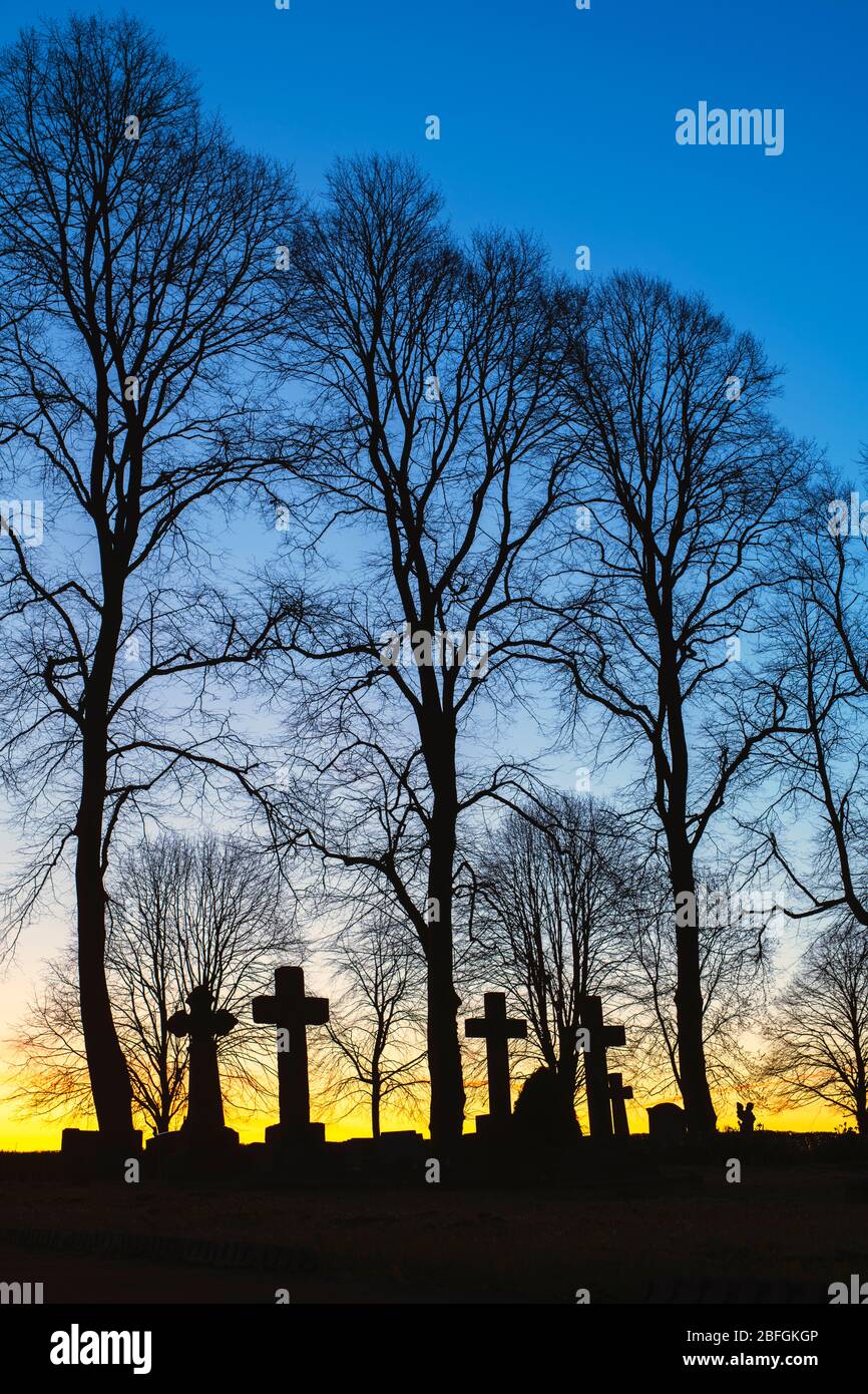 Silhouette of cross headstones and trees in a cemetery at dawn. Kings Sutton, Northamptonshire, England. Silhouette Stock Photo