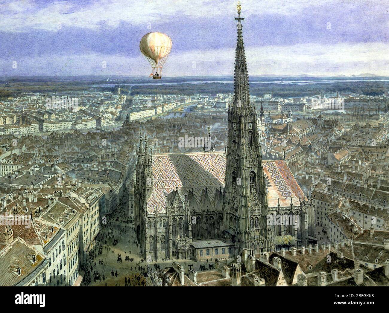 Vienna seen from the balloon from the southwest - Jakob Alt, 1847 Stock Photo