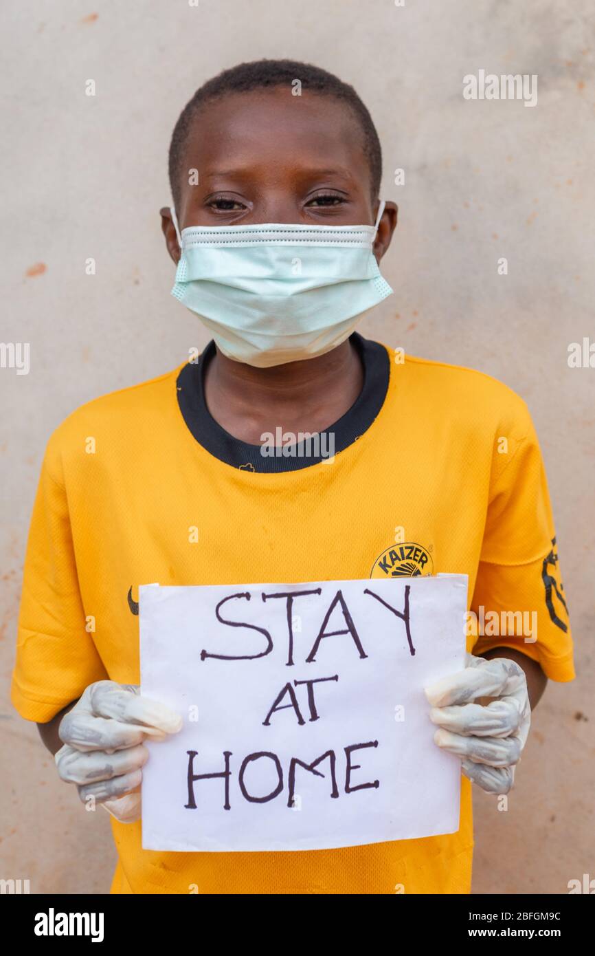 Chilren Wearing Facemask in Africa Pandemic outbreak of Conora virus AKA Covid19 Stock Photo