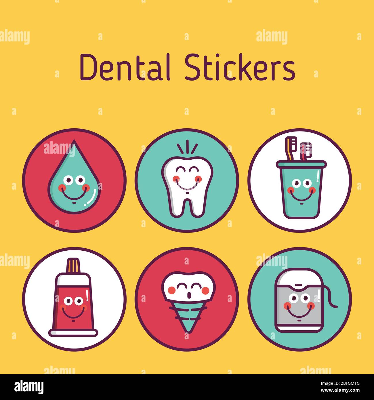 Dental hygiene for child icons brushes in glass, teeth, toothpaste