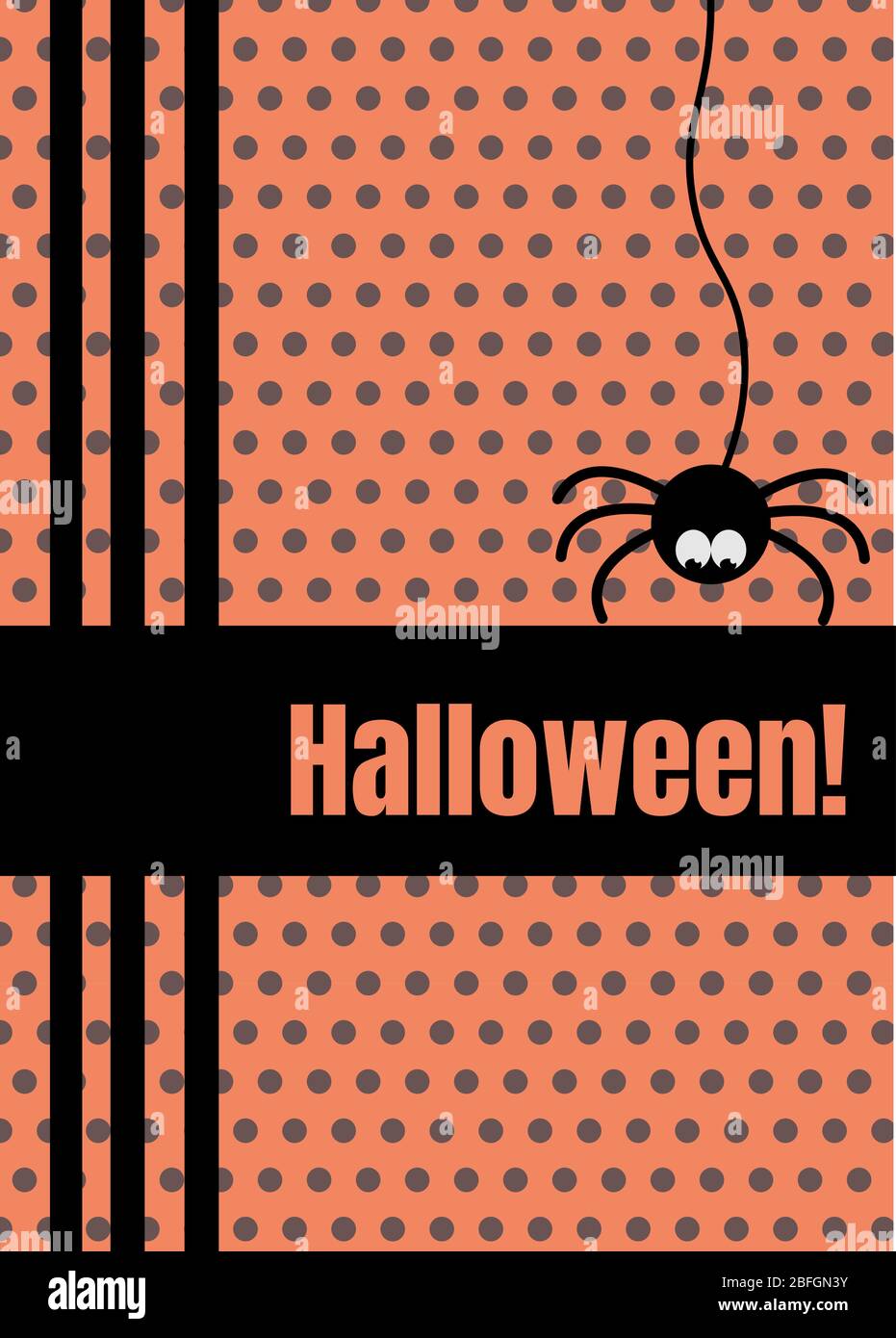 Happy Halloween greeting card with hanging on dash line web spider ...