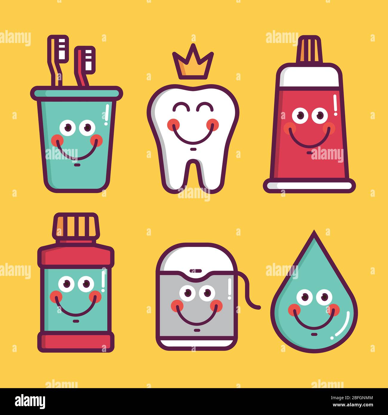 Dental hygiene for child - icons glass with brush, king teeth, toothpaste, lotion, floss, water Stock Vector