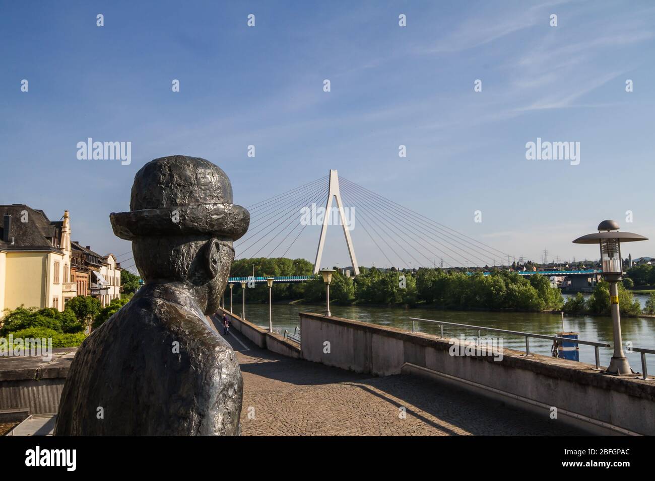 monument on the dyke of Neuwied at the river Rhine Stock Photo