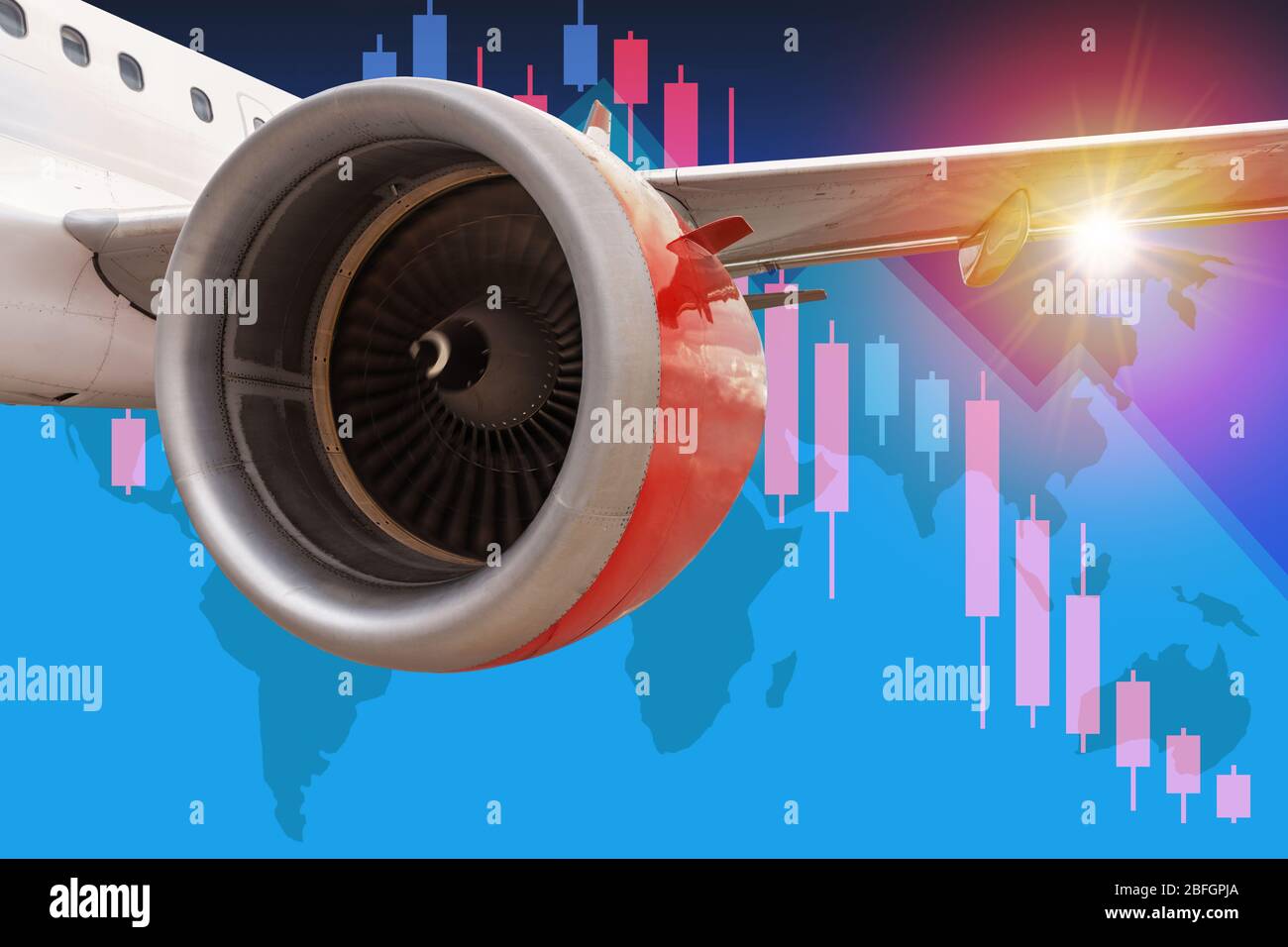 Concept of aviation and travel industry business in crisis with commercial airline in flight and tourism industry over declining stock chart and world Stock Photo