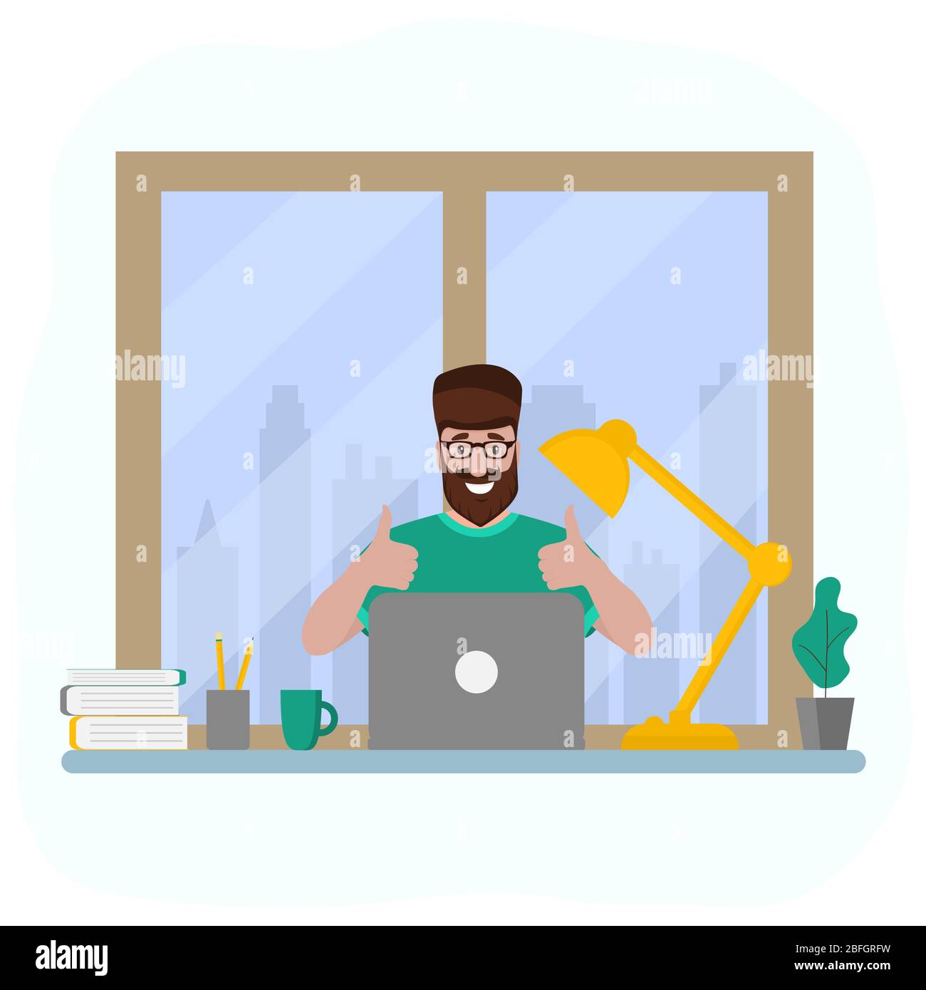Man works at a laptop. Fashion trend vector illustration, flat design Stock Vector
