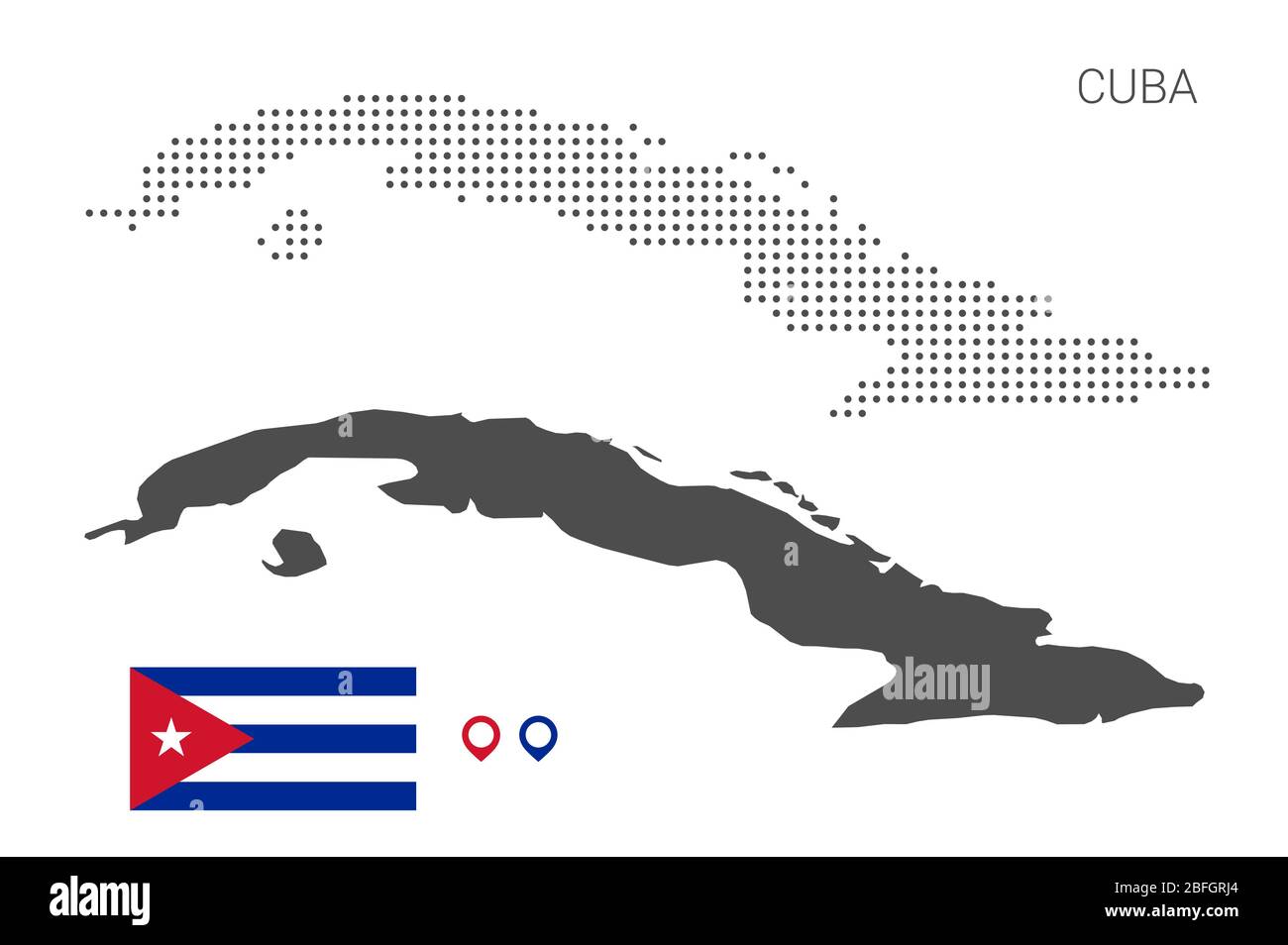 Dotted cuba map with national flag and map marker. Illustration for technology design or infographics. Isolated on white background. Stock Vector