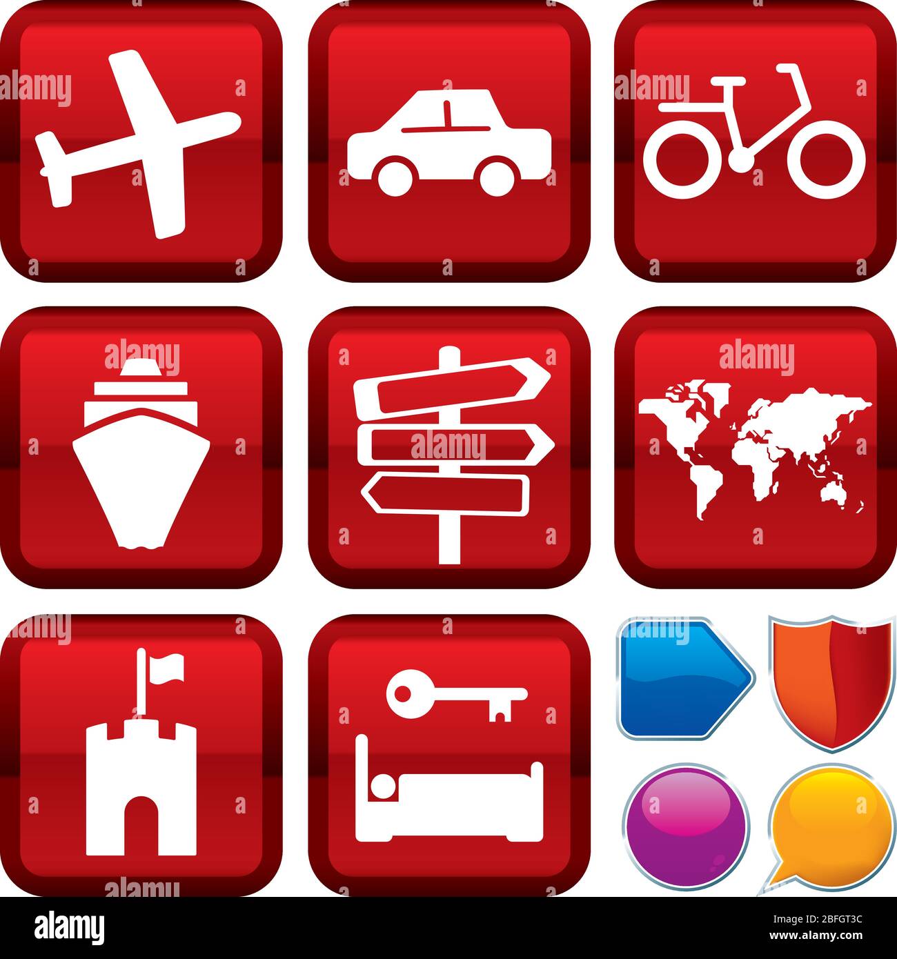 Vector illustration. Set of travel icons on square buttons. Geometric ...