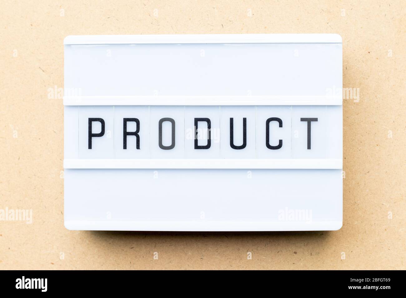 White lightbox with word product on wood background Stock Photo Alamy