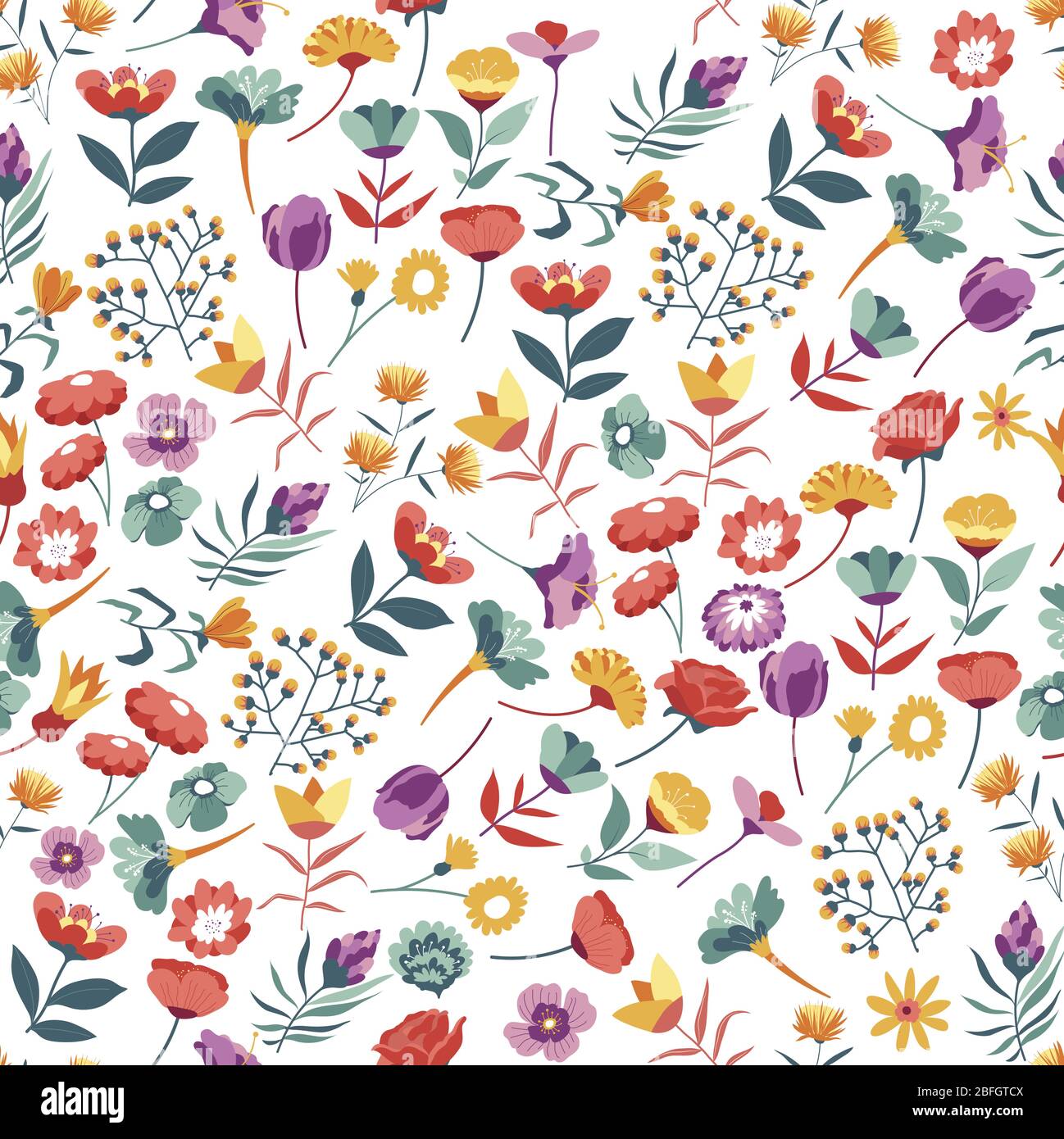 Wildflowers, roses and daisy in blossom seamless pattern Stock Vector