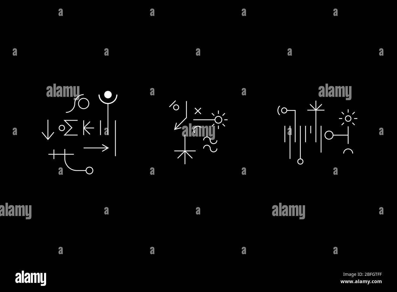 Ancient geometry symbol set with circles, lines, crosses and figures. Cave drawings. UFO signs. Design symbols for logic, metroidvania and indie games. Vector stock illustration. Stock Vector