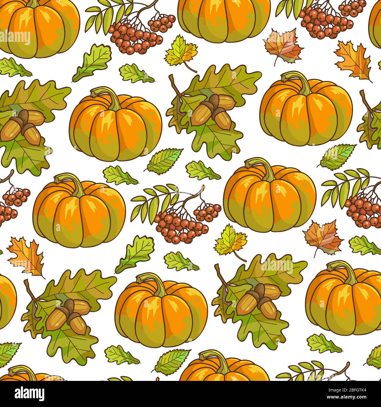 Ripe pumpkin, maple leaves and rowanberry seamless pattern Stock Vector
