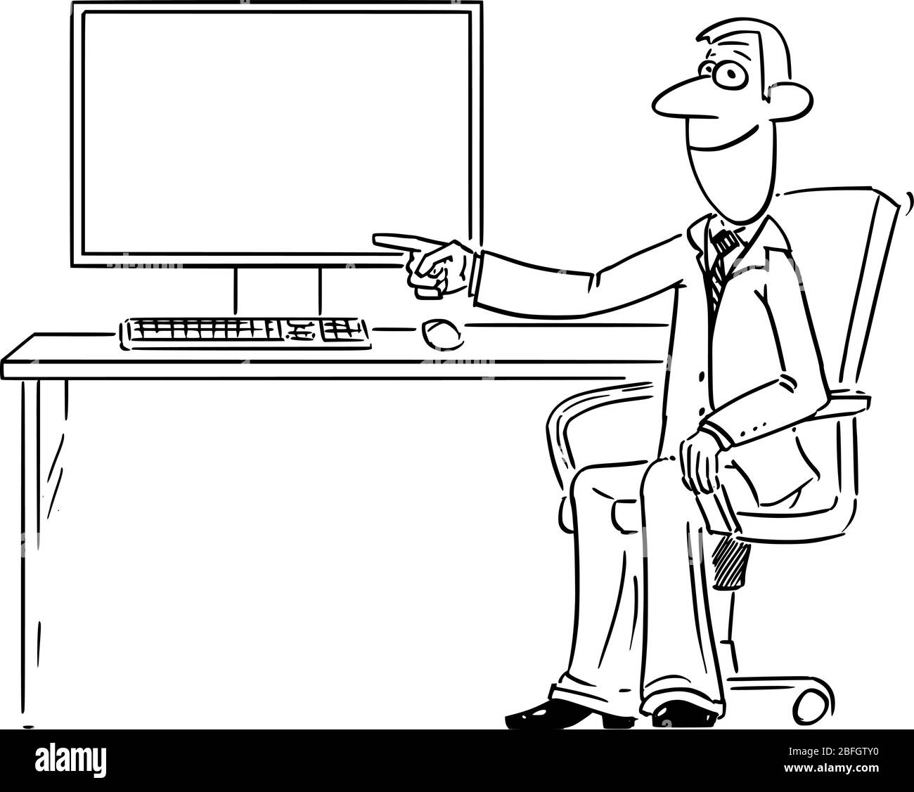 Vector funny comic cartoon drawing of businessman or man working in office  on computer and pointing at empty display or screen Stock Vector Image &  Art - Alamy