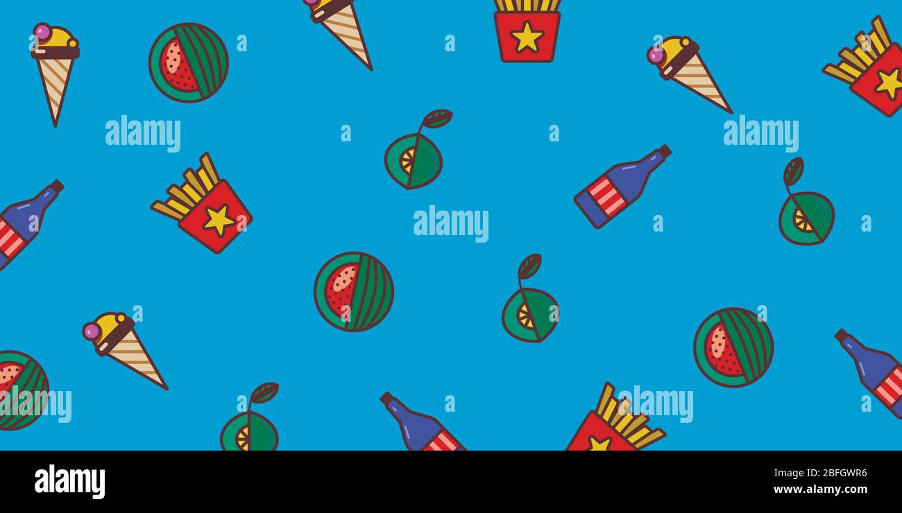 Color flat icon set. ice cream, watermelon, lime, bottle and fries. Stock Vector