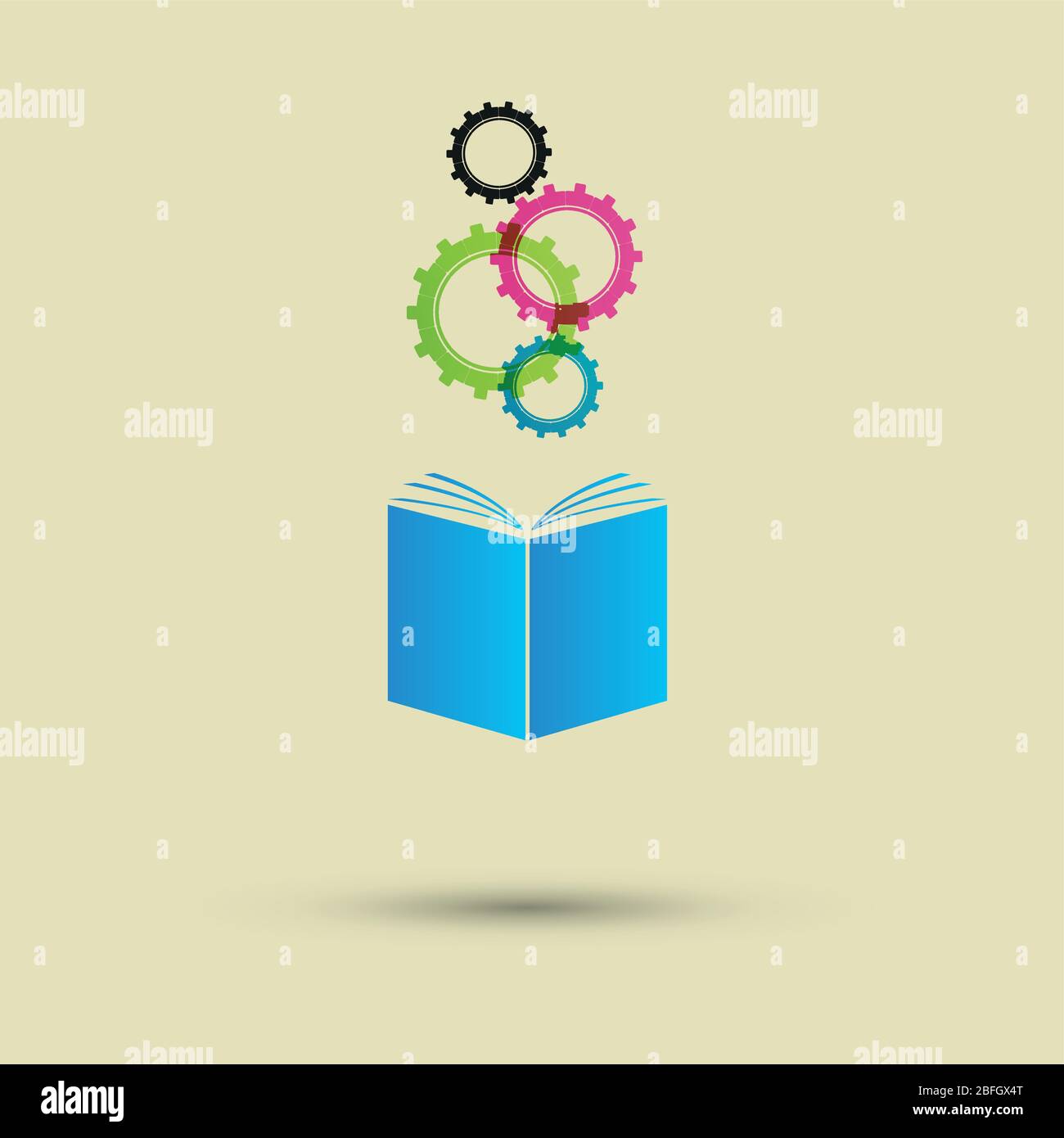 Vector blue book four colored gears white background. Stock Vector