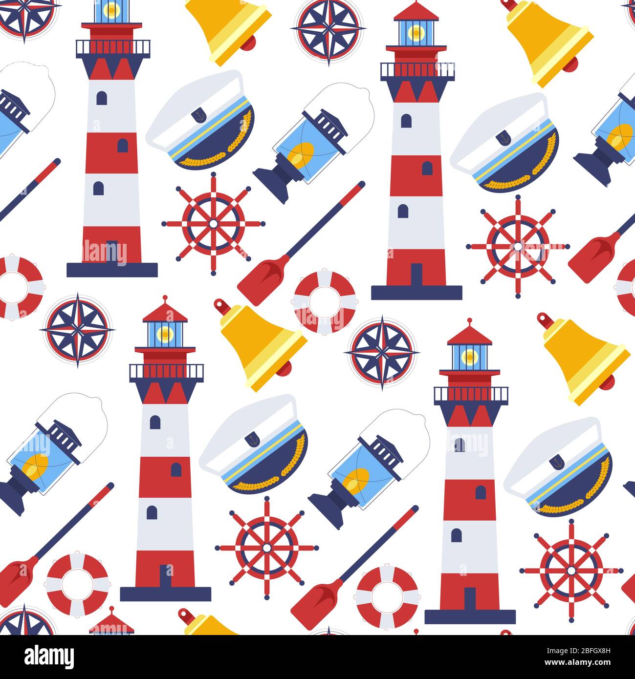 Beacons and captain hat, marine theme seamless pattern Stock Vector