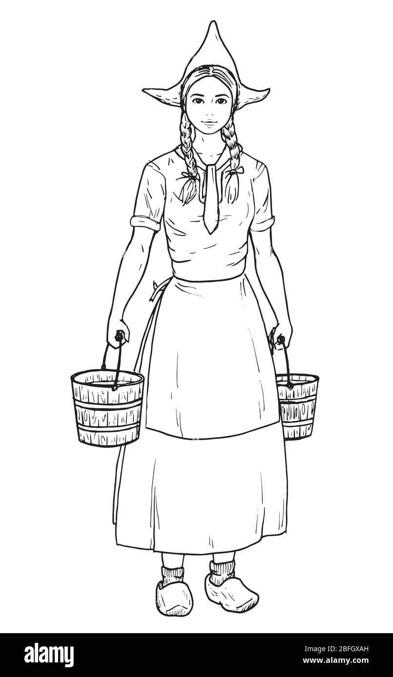 Drawing of classic Dutch milkmaid. Stock Vector